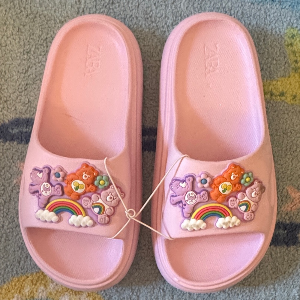Zara Kids Light Pink Slippers with Rainbow and Bear Design